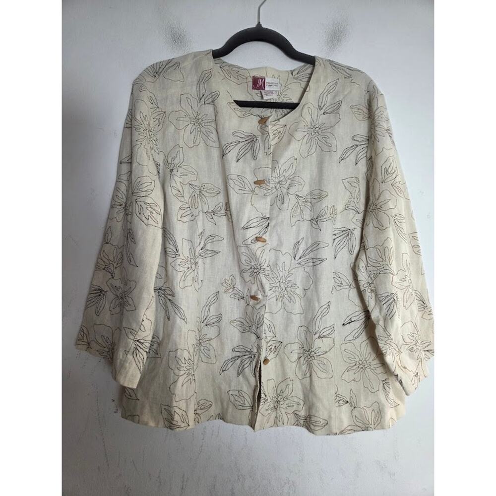 JM Collection Beige w/Brown Floral Embroidery 100% Linen Button Up Blouse sz 18